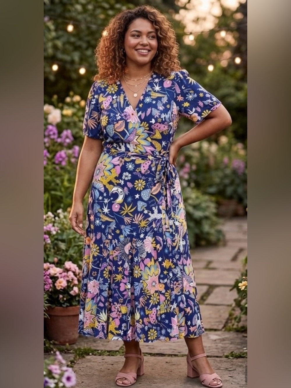 Modcloth Floral Wrap Dress Navy Pink Boho Short Sleeve Size 2
